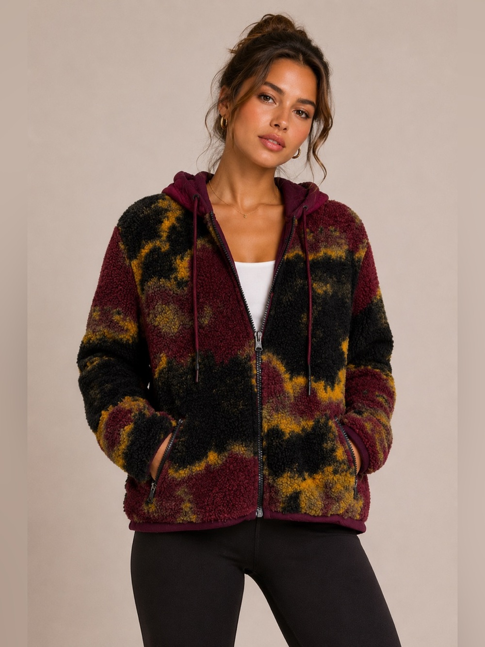 JoyLab Fleece Jacket Hooded Sherpa Zip Up Burgundy Camo Medium